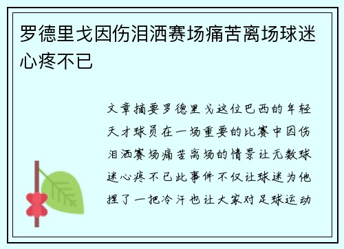 罗德里戈因伤泪洒赛场痛苦离场球迷心疼不已 罗德里戈因伤泪洒赛场痛苦离场球迷心疼不已