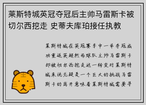 莱斯特城英冠夺冠后主帅马雷斯卡被切尔西挖走 史蒂夫库珀接任执教 莱斯特城英冠夺冠后主帅马雷斯卡被切尔西挖走 史蒂夫库珀接任执教